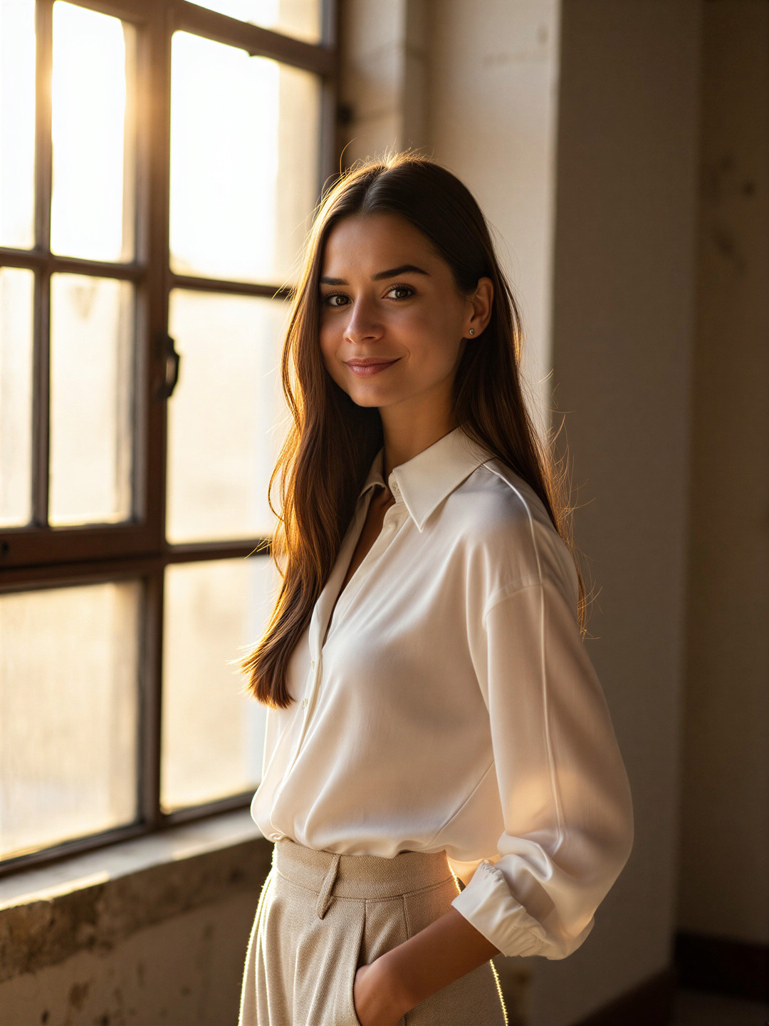 Przykład profesjonalnego portretu kobiecego w białej koszuli